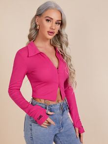 SHEIN Essnce Embroidery Letter Thumb Hole Zipper Placket Tee - Hot Pink - View 5