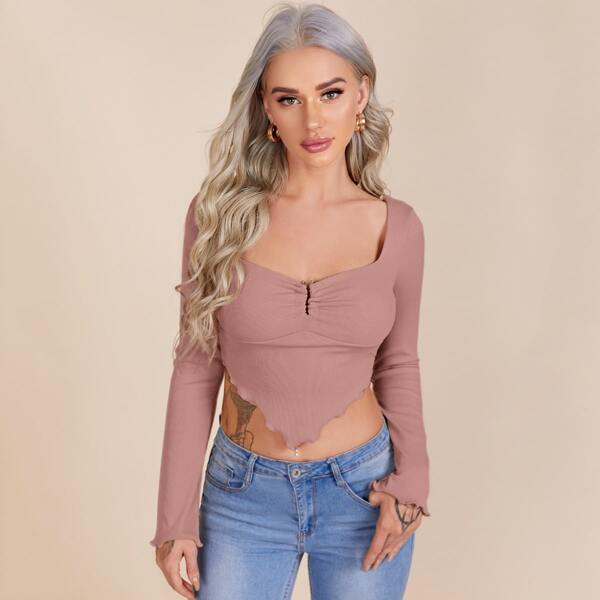 

Notch Neck Lettuce Trim High-low Hem Crop Tee, Dusty pink