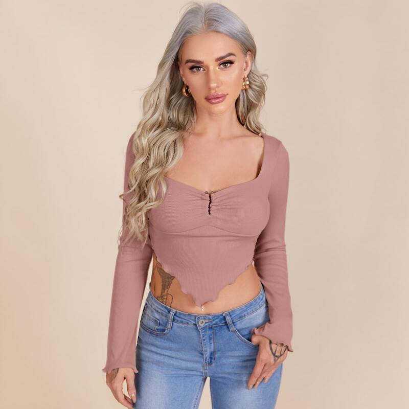 

Notch Neck Lettuce Trim High-low Hem Crop Tee, Dusty pink