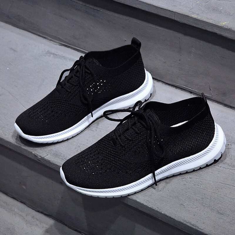 

Solid Lace-up Knit Sneakers, Black