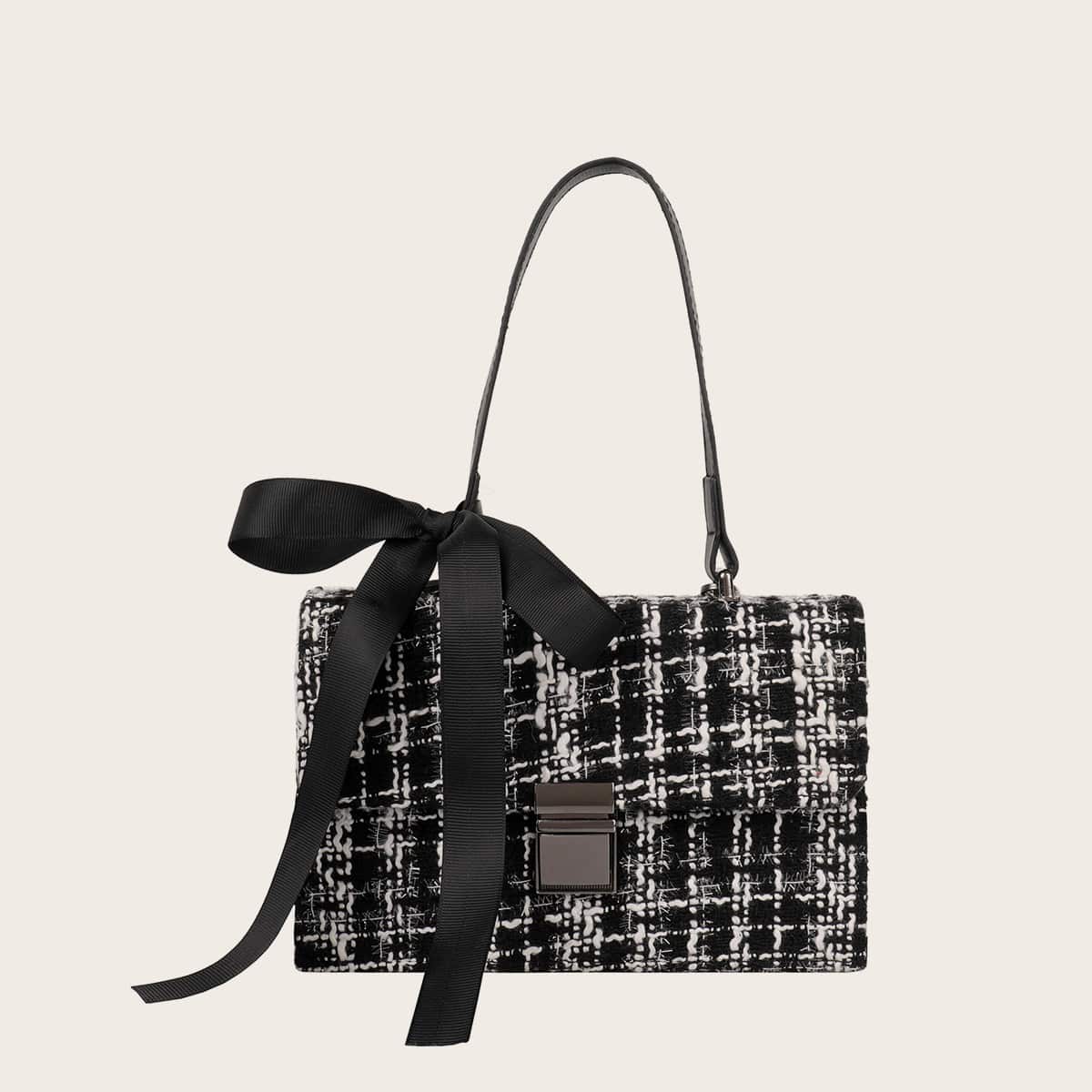 

Ribbon Decor Tweed Satchel Bag, Black and white
