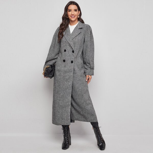 

Notch Collar Fold Pleated Sleeve Pea Overcoat, Dark grey