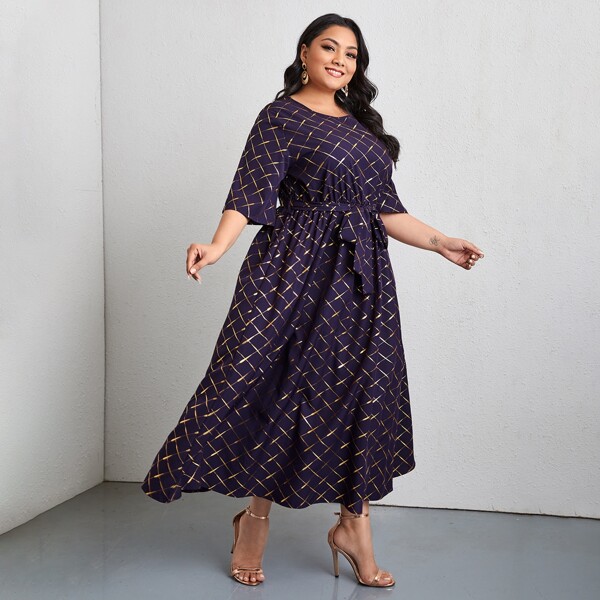 

Plus Plaid Print Belted A-line Dress, Violet purple