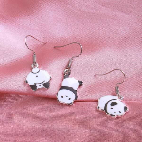 

3pcs Panda Charm Drop Earring, Black and white