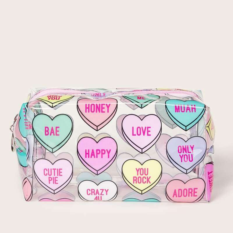 

Letter Heart Print Makeup Bag, Multicolor