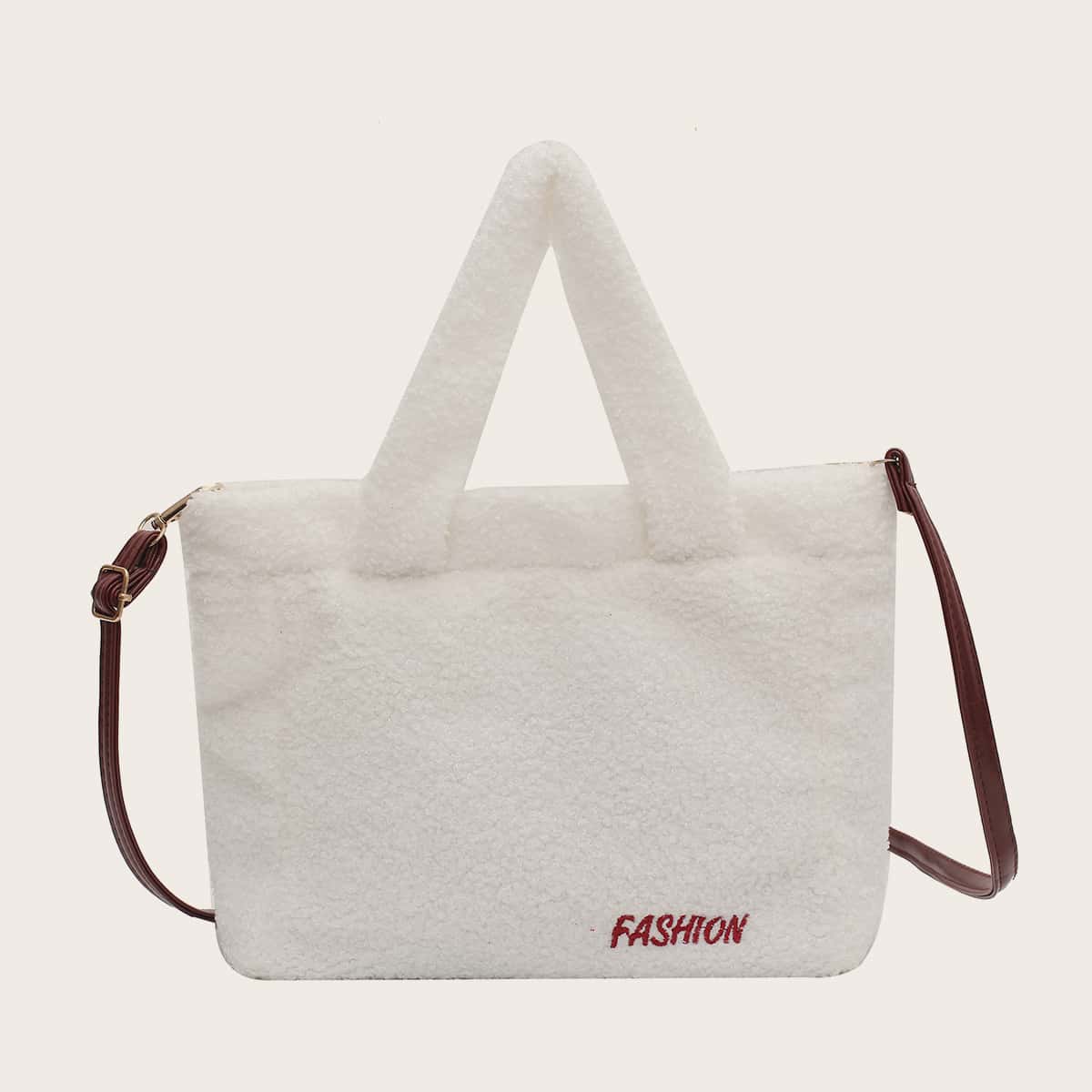 

Letter Embroidery Teddy Tote Bag, White