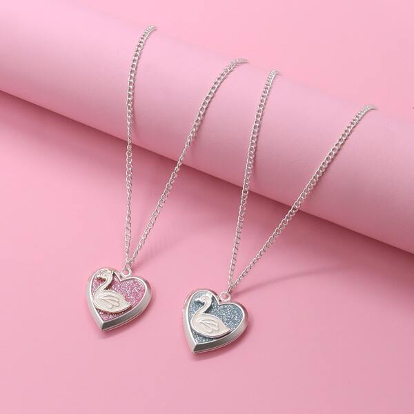

2pcs Girls Heart Charm Necklace, Multicolor