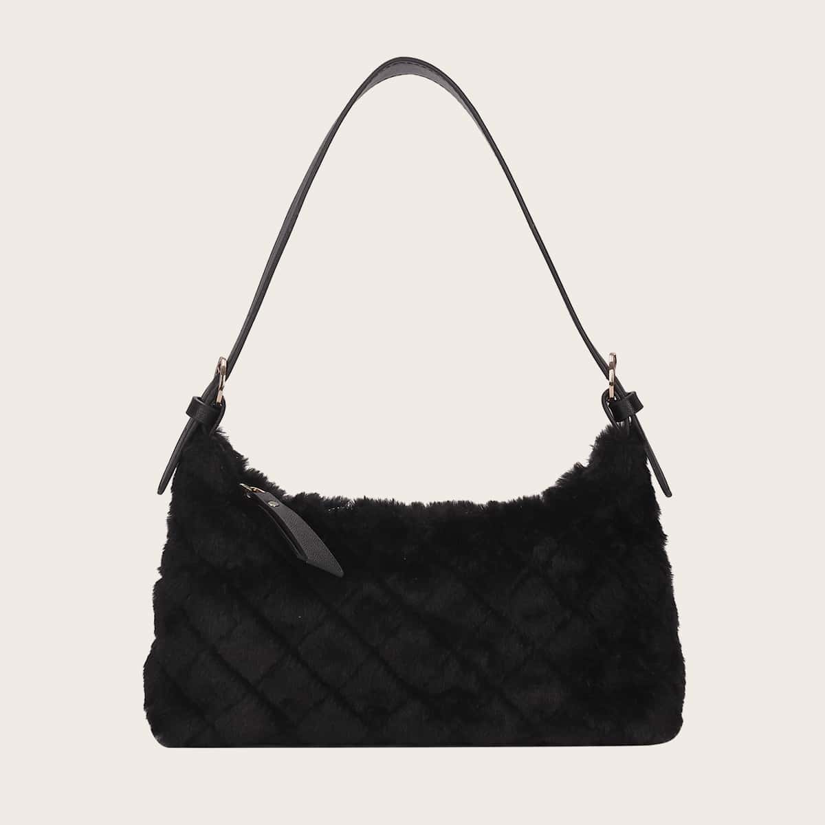 

Quilted Faux Fur Baguette Bag, Black