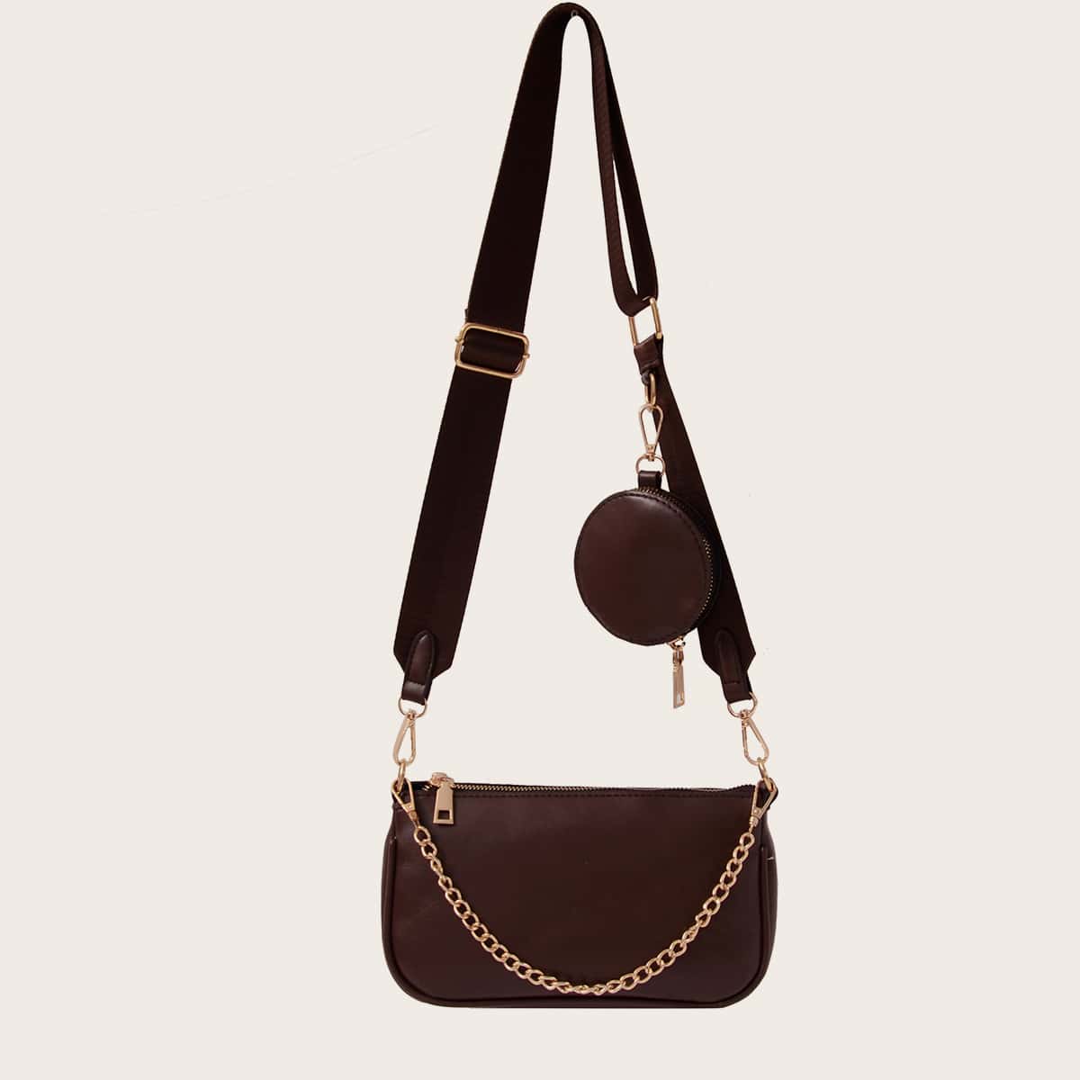 

Solid Chain Baguette Bag With Round Purse, Brown