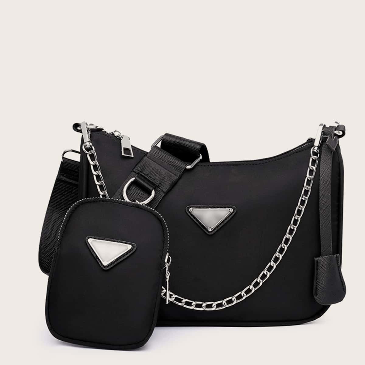 

Minimalist Chain Baguette Bag With Purse, Black
