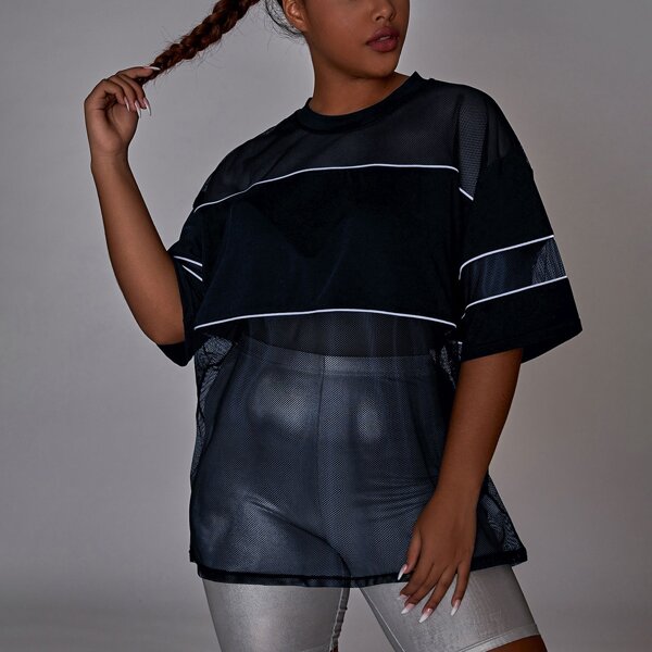 

Plus Contrast Fishnet Reflective Sports Tee, Navy blue