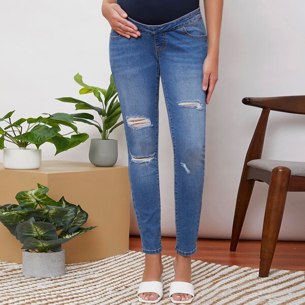 

Maternity Contrast Waist Ripped Jeans, Medium wash