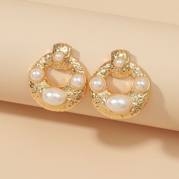 

Faux Pearl Decor Round Earrings, Gold