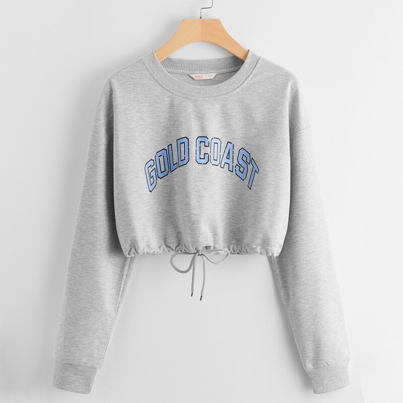

Letter Drawstring Crop Sweatshirt, Light grey