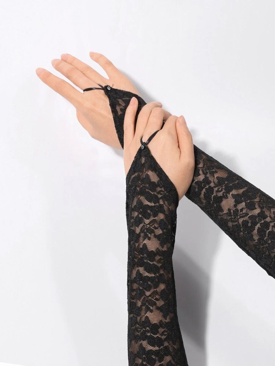 Elegant Contrast Lace Long Gloves - Black - View 1