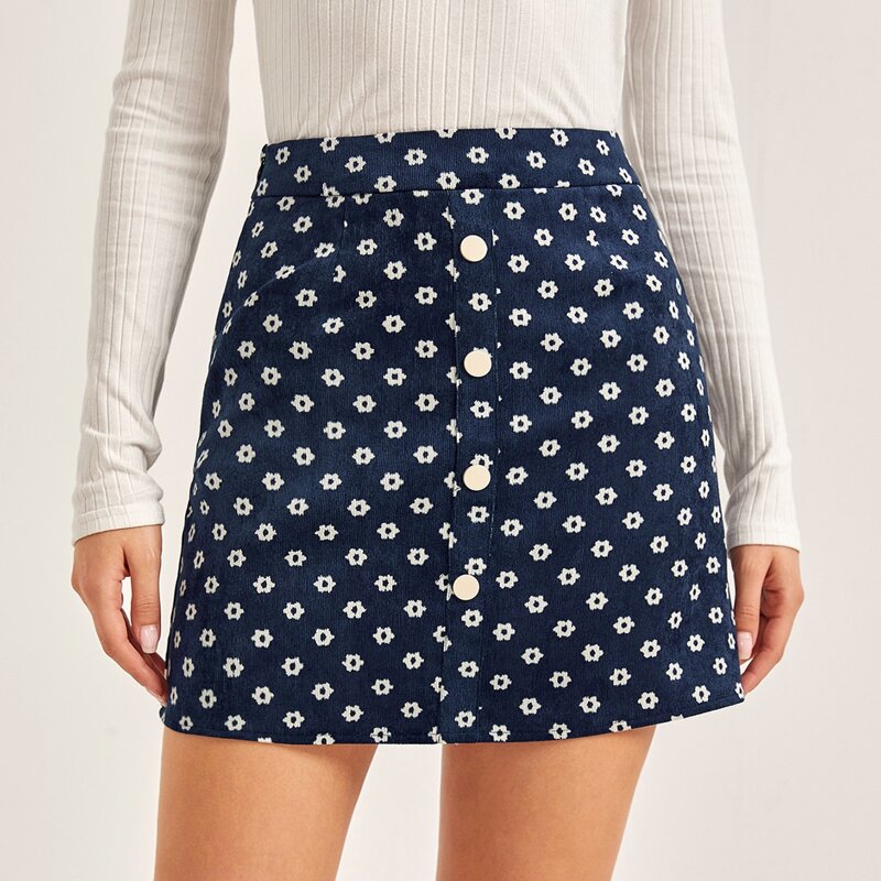 

Zipper Side Allover Floral Pattern Cord Skirt, Navy blue