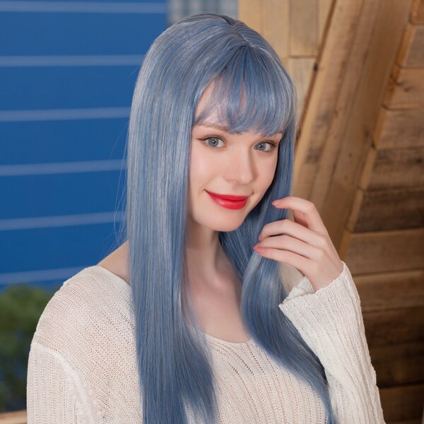 

Natural Long Wig With Bangs, Dusty blue