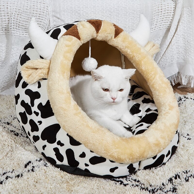 

Cow Pattern Plush Cat Bed, White
