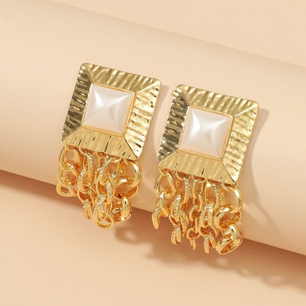 

Square Decor Chain Drop Earrings, Gold