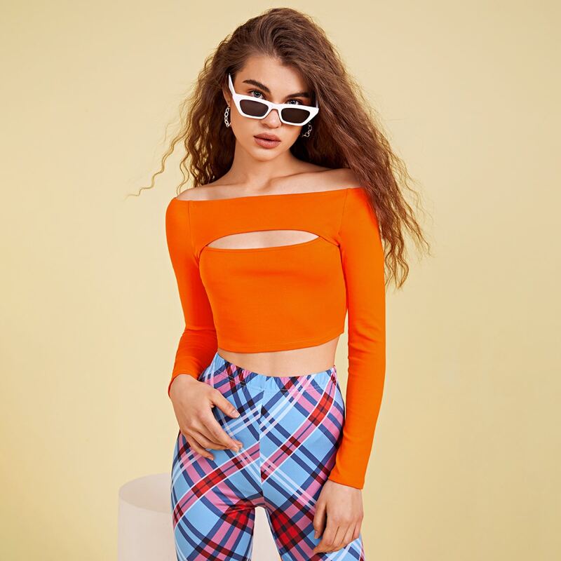 

Neon Orange Off Shoulder Cutout Front Crop Tee, Orange neon