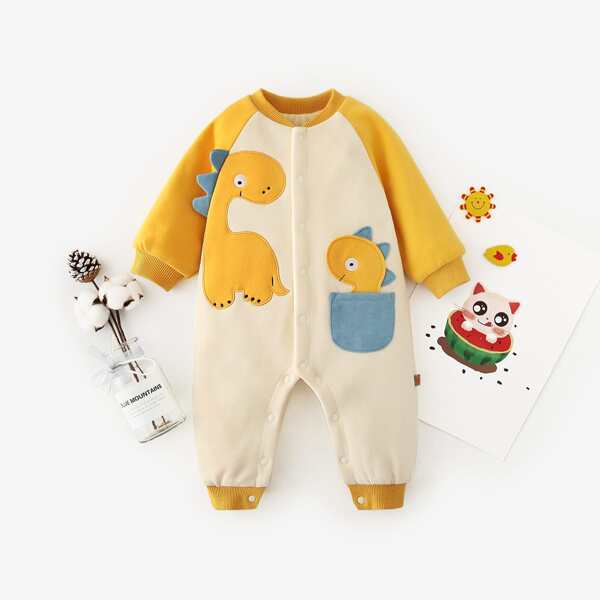 

Baby Boy Dinosaur Embroidery Patched Thermal Lined Jumpsuit, Beige