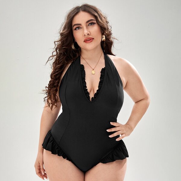

Plus Frill Trim Halter One Piece Swimsuit, Black