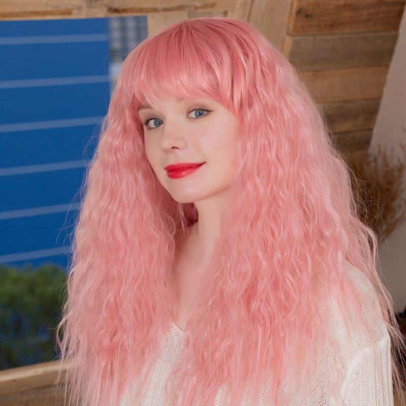 

Natural Long Curly Wig With Bangs, Pink