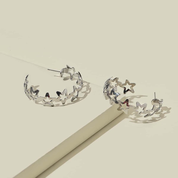 

Star Design Hoop Earrings, Silver