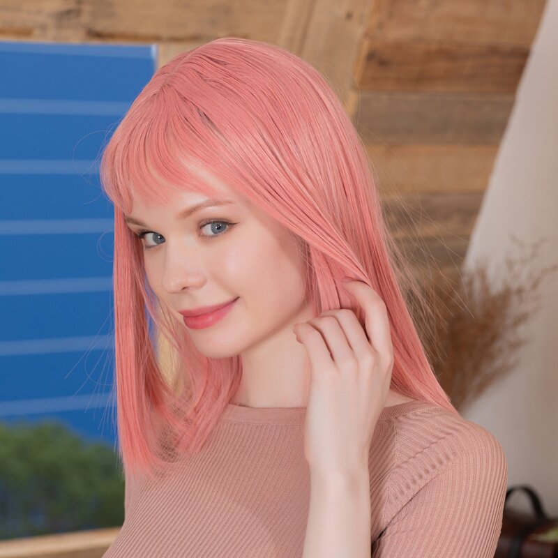 

Natural Straight Wig With Bangs, Baby pink