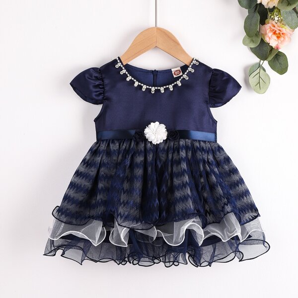 

Toddler Girls Pearls Appliques Mesh Party Dress, Navy blue