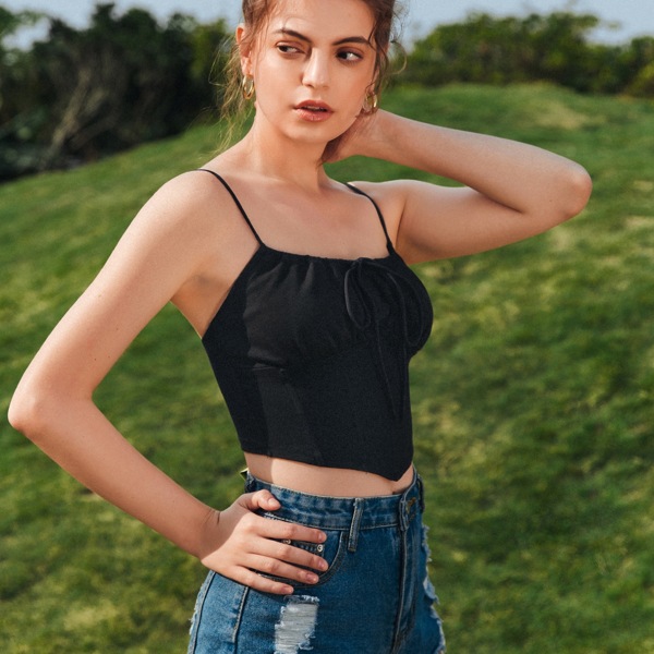

Knot Ruched Bust Crop Cami Top, Black