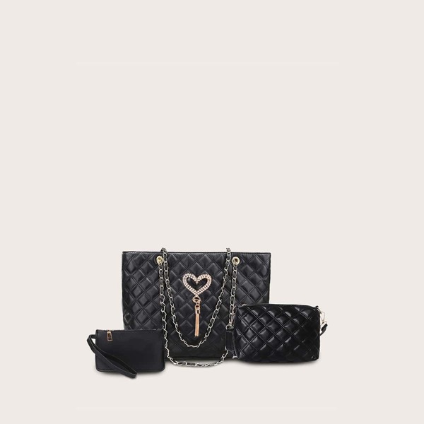 

3pcs Rhinestone Decor Quilted Tote Bag Set, Black