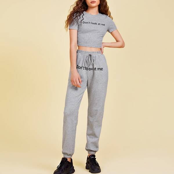 

Slogan Graphic Crop Top & Drawstring Waist Joggers Set, Grey