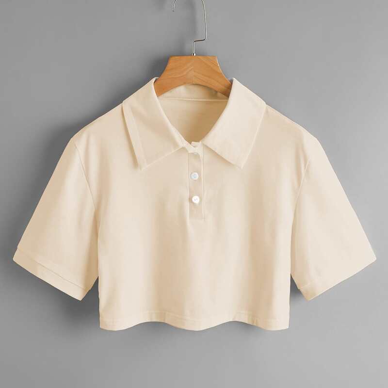 

Polo Neck Solid Crop Tee, Apricot