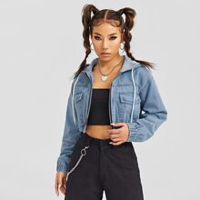 Flap Pockets Drawstring Hooded Denim Jacket