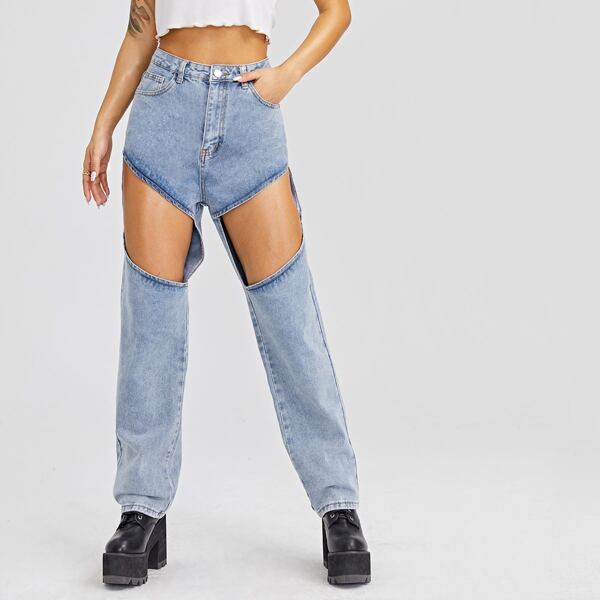 

High Waist Slant Pocket Cut Out Straight Jeans, Light wash