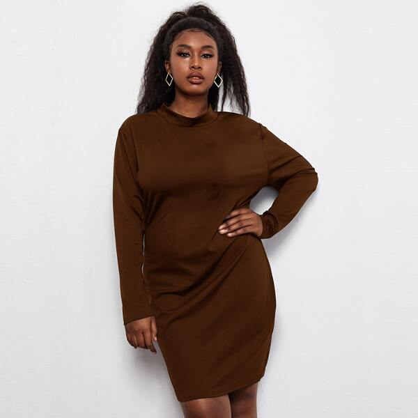

Plus Mock Neck Solid Fitted Dress, Coffee brown