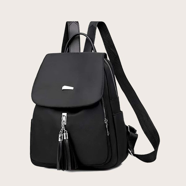 

Tassel Decor Flap Backpack, Black