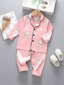 Toddler Girls Satin Cartoon Rabbit & Heart Print PJ Set - Baby Pink - View 1