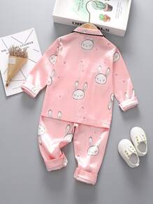Toddler Girls Satin Cartoon Rabbit & Heart Print PJ Set - Baby Pink - View 2