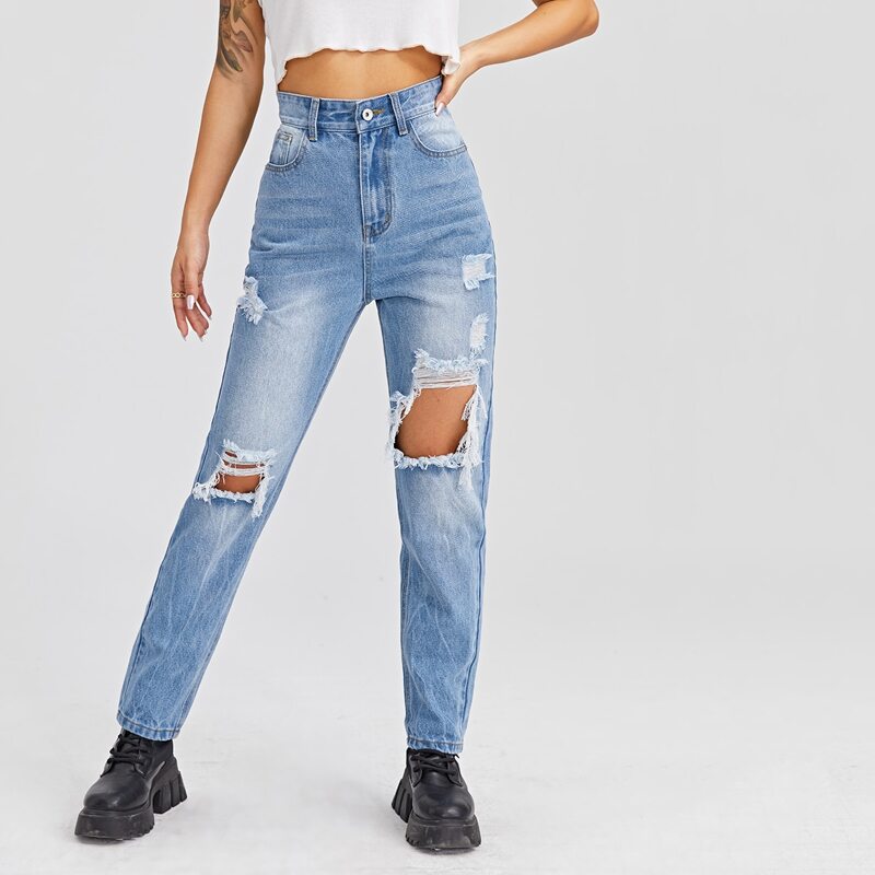 

High-Waisted Ripped Mom Fit Jeans, Light wash