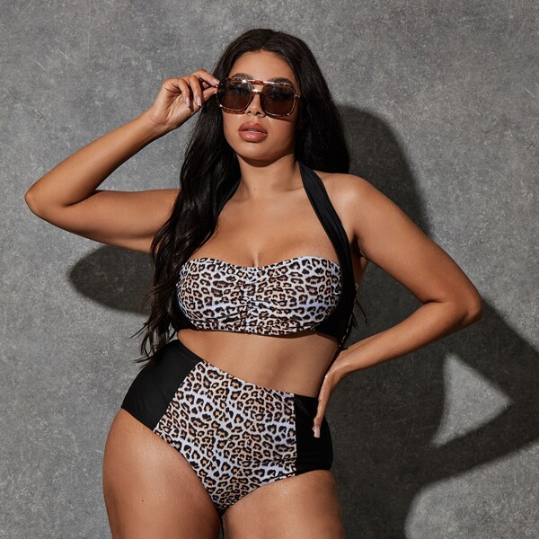 

Plus Leopard Halter High Waisted Bikini Swimsuit, Multicolor