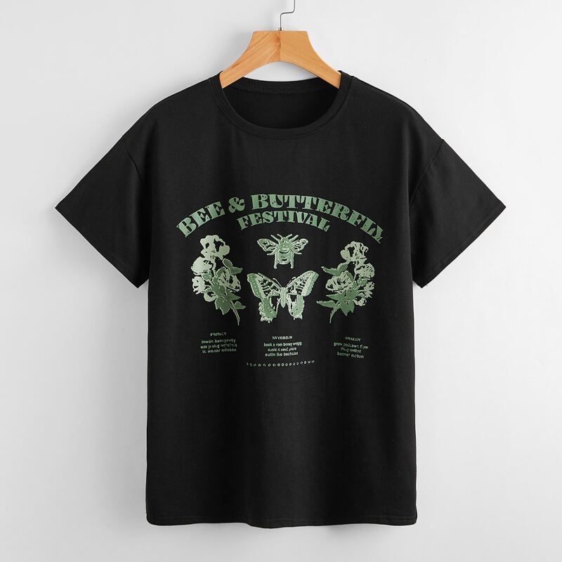 

Butterfly & Letter Graphic Tee, Black