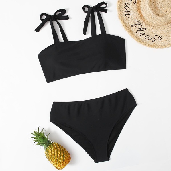 

Plus Tie Shoulder High Waisted Bikini Swimsuit, Black