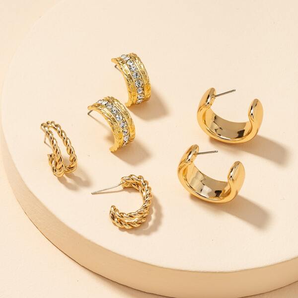 

3pairs Rhinestone Decor Cuff Hoop Earrings, Gold