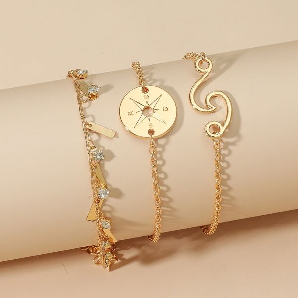 

3pcs Geo Tassel Charm Chain Bracelet, Gold