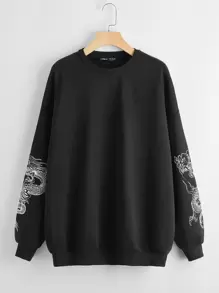 SHEIN Unity Chinese Dragon Graphic Drop Shoulder Sweatshirt - Black - View 1