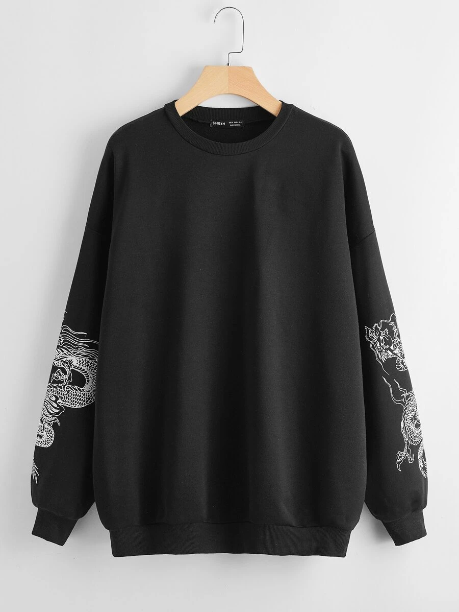 SHEIN Unity Chinese Dragon Graphic Drop Shoulder Sweatshirt - Black - View 1