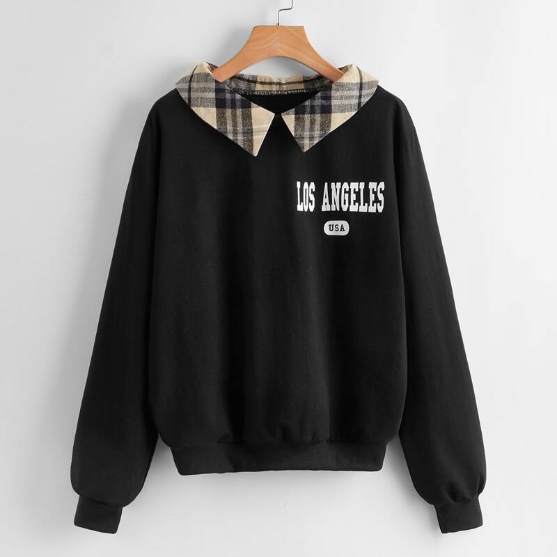 

Contrast Plaid-Collar Letter Sweatshirt, Black