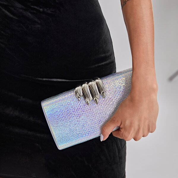 

Claw Decor Holographic Chain Clutch Bag, Multicolor